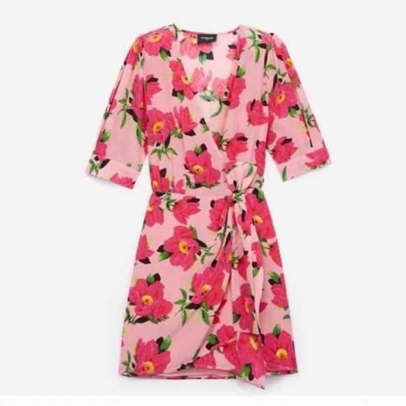 The Kooples Mini Faux Wrap Silk “Peony in Love” Floral Pink Party Dress, NWT! - Picture 4 of 17